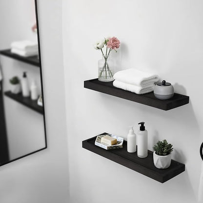 Solid Wood Floating Shelves for Wall 24 inch Bathroom Hanging Wall Shelves Set of 2 for Living Room Bedroom Kitchen Farmhouse 24x6.7 inch - Black
