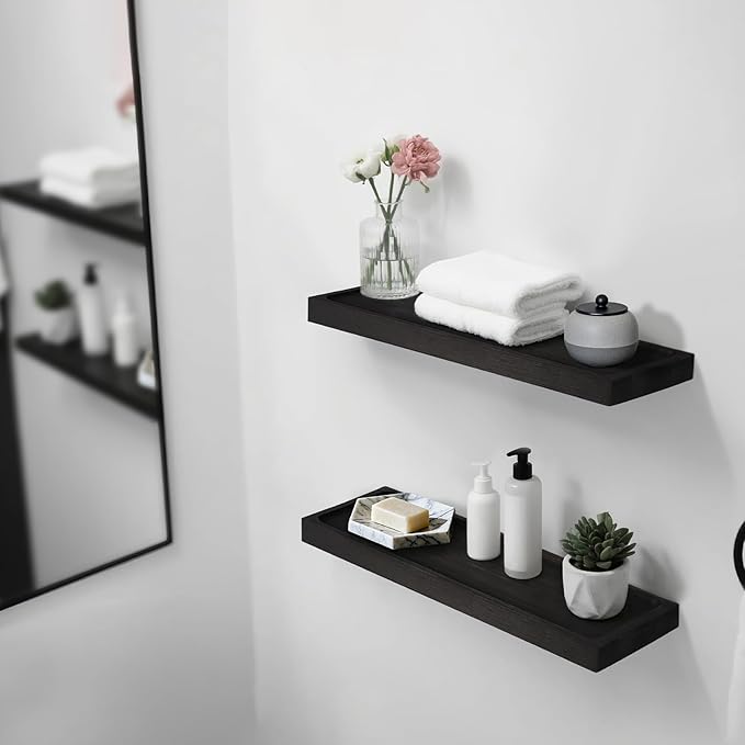 Solid Wood Floating Shelves for Wall 24 inch Bathroom Hanging Wall Shelves Set of 2 for Living Room Bedroom Kitchen Farmhouse 24x6.7 inch - Black