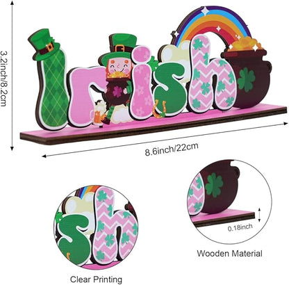 St Patricks Day Decor for Table Irish Themed Decoration Wooden Centerpieces Rustic Farmhouse Sign for Tabletop Home Shelf Office St Patricks Day Party Decoration Pink