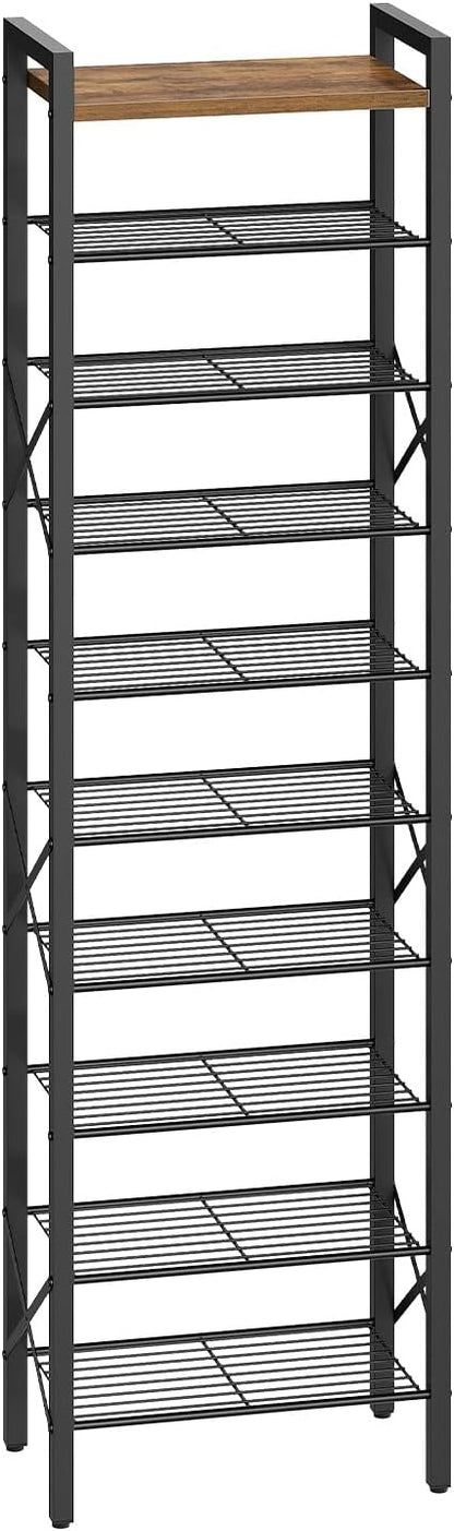 10-Tier Narrow Shoe Rack, Tall Shoe Rack for 10-20 Pairs, Slim Shoe Storage Organizer with Wooden Top, Space Saving, Metal Frame, for Entryway, Rustic Brown and Black SS68BR