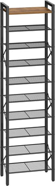 10-Tier Narrow Shoe Rack, Tall Shoe Rack for 10-20 Pairs, Slim Shoe Storage Organizer with Wooden Top, Space Saving, Metal Frame, for Entryway, Rustic Brown and Black SS68BR