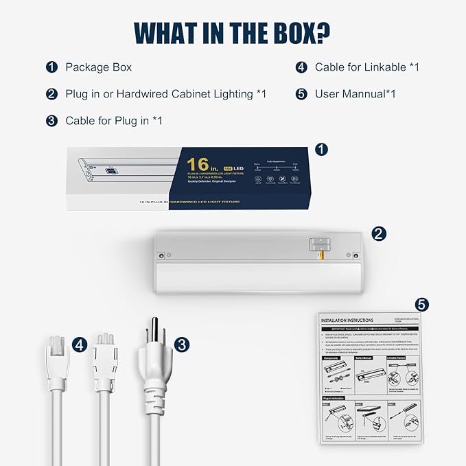 16" LED Under Cabinet Lighting Hardwired & Plug in, 3CCT Selectable (Warm White, Cool White and Daylight) Stepless Dimmable, Linkable with 2 Cords Under Counter Lights for Kitchen, CRI94, Matte White