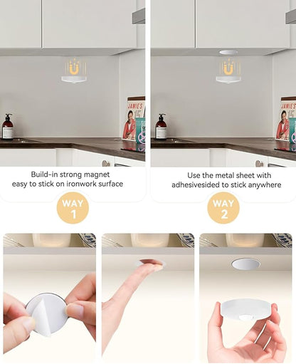 Rechargeable RGB Puck Lights with Remote Control, 1500mAh Battery Operated Push Lights, Dimmable & Timer Under Cabinet Lighting for Closet, Bedroom, Kitchen White 3Pcs