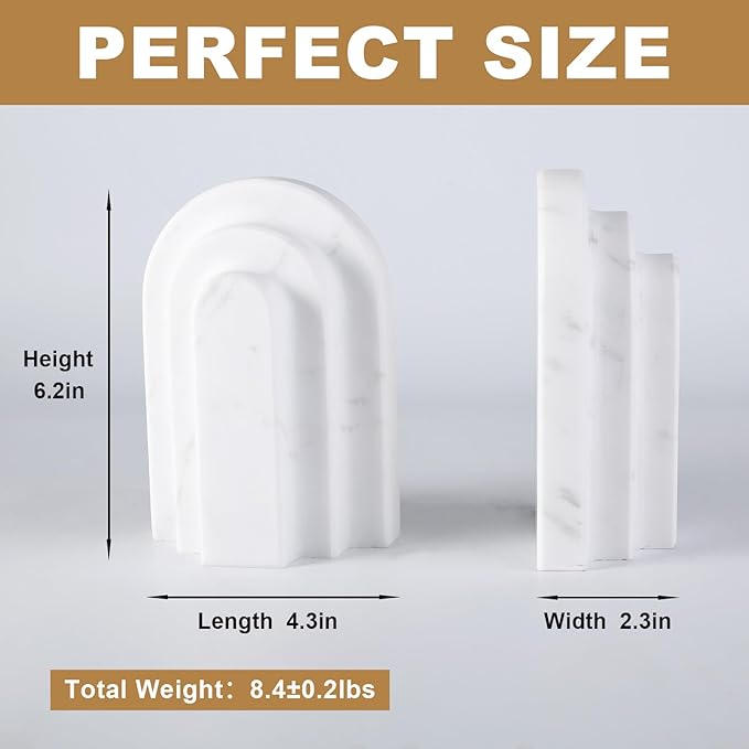 Natural Marble Book Ends - Heavy Duty Bookends for Shelves - Aesthetic Layered Arch Design Stone Book Holders, Decorative Modern Office Bookshelf Stopper Decor for Books/CDs, White