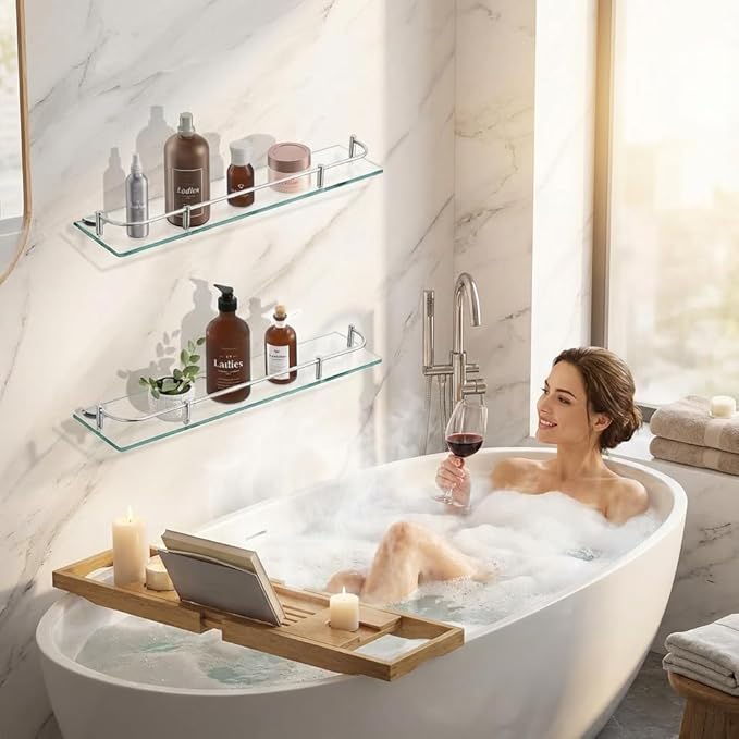 Glass Bathroom Shelves, Rectangular Tempered Glass Floating Shelves for Wall with 304 Stainless Steel Rail and Zinc Alloy Bracket, 2 Pack
