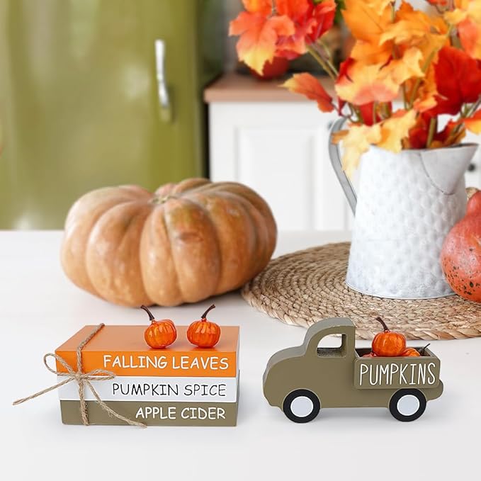 Fall Table Decor, Farmhouse Wooden Fall Signs with Book Stack, 3D Truck and 5 Individual Pumpkins for Tiered Tray, Coffee Bar, Shelf and Mantle Decor - Fall Decorations for Home