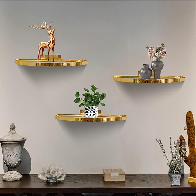 Cityelf Floating Shelves Wall Mounted Wall Decor Iron Glass Hanging Shelf Home Decor Set of 3 Display Ledge Shelves for Living Room Bedroom Office-Gold-S