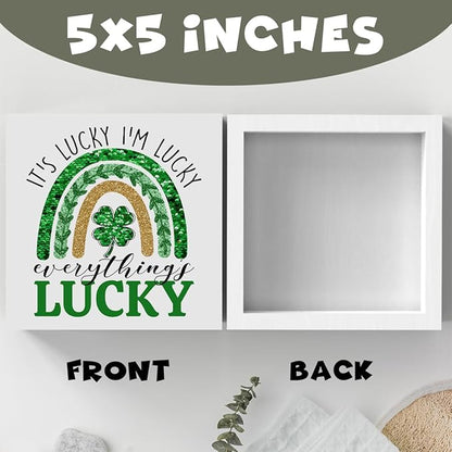 It's Lucky I'm Lucky Everything Lucky Funny St Patricks Day Shamrock Decor Desk Decor Wooden Box Sign St Patricks Day Decorations Irish Blessing Wood Block Plaque Box Sign for Home Decoration
