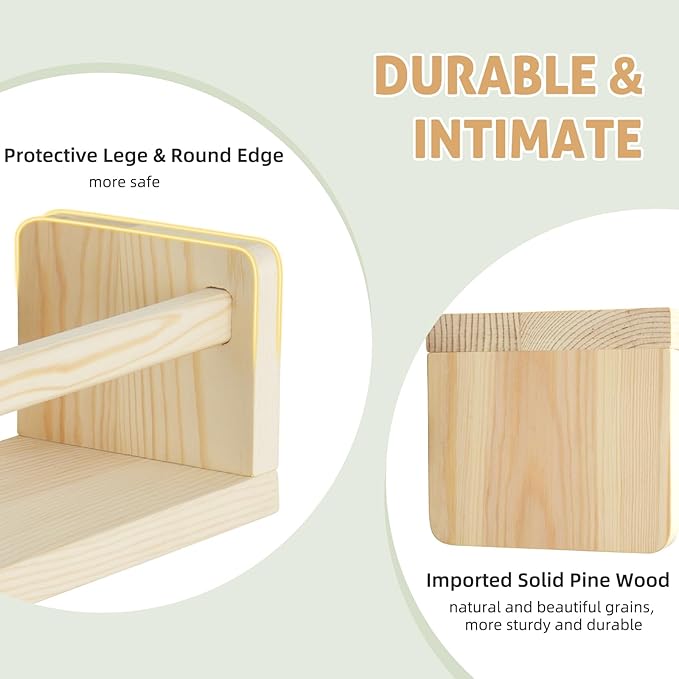 Floating Book Shelves for Wall, 16.5 inch Natural Wood Nursery Shelves for Book Storage, Solid Pine Wooden Floating Bookshelf for Bedroom Living Room, Set of 3, Unfurnished - DIY