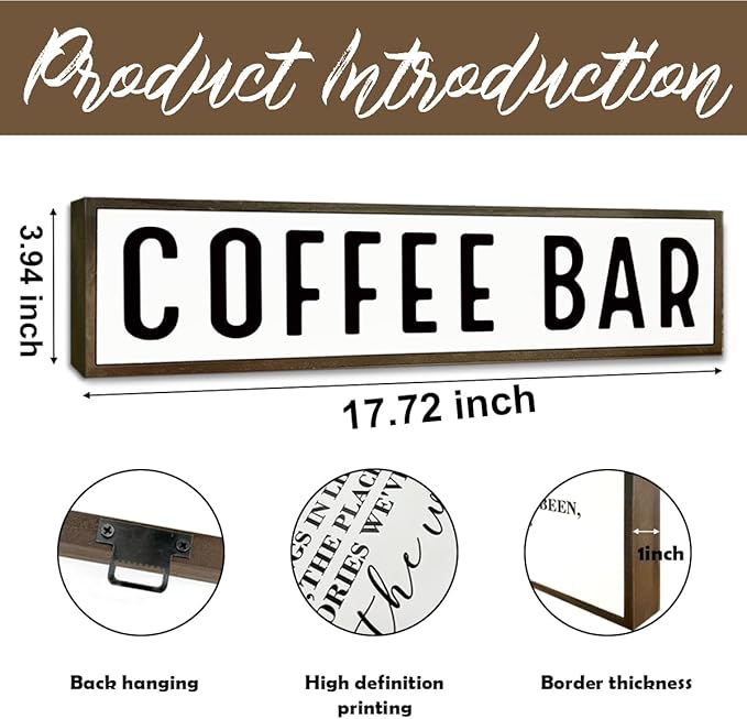 Coffee Bar Signs for Kitchen, Farmhouse Decor for Shelf, Rustic Wooden Wall Hanging Sign, Coffees Decoration for Cafe, Bar or Coffee Corner, Decorative Wooden Box Signs, 17.8x4x1.2 inches