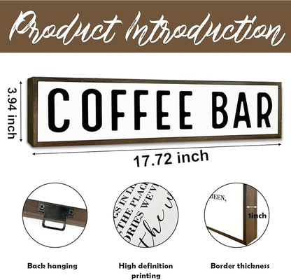 Coffee Bar Signs for Kitchen, Farmhouse Decor for Shelf, Rustic Wooden Wall Hanging Sign, Coffees Decoration for Cafe, Bar or Coffee Corner, Decorative Wooden Box Signs, 17.8x4x1.2 inches