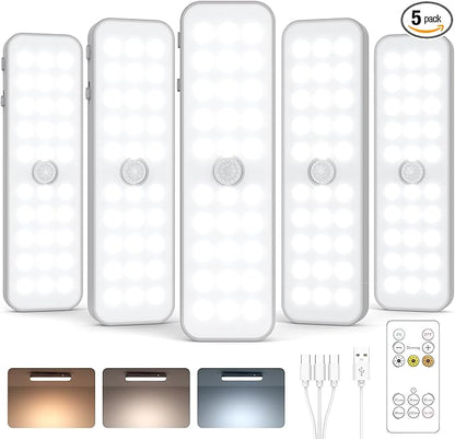 5 Pack Under Cabinet Lighting Wireless, Small 6'' Led Rechargeable Motion Sensor Light Indoor, 3CCT Dimmable Closet Light, Stick on Magnetic Under Counter Light for Pantry, Bookshelf, Stairs