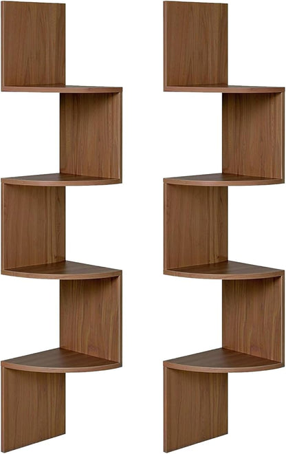 HOOBRO Corner Shelf Wall-Mounted, Set of 2 Floating Corner Shelves for Wall, 4-Tier Corner Bookshelves for Living Room, Bedroom, Bathroom, Home Office, Walnut WL25BJP201