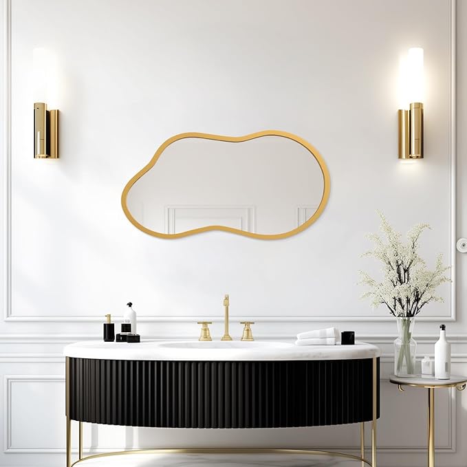 AAZZKANG Gold Asymmetrical Mirror with Wooden Frame Irregular Decorative Wall Mirrors for Bedroom Dressing Room Living Room Bathroom Entryway Small