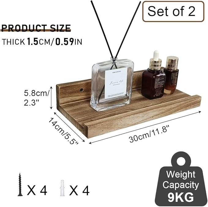 Z metnal Mini Floating Shelves, Small Natural Wooden Display Wall Shelf for Picture Ledge, Natural Color, Wall Mounted, 12 x 5.5inch, 2 Pack
