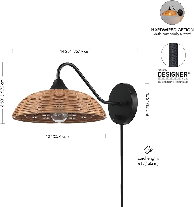 Globe Electric Plug-in or Hardwire Wall Sconce, Matte Black, Paper Twine Shade, 6-Foot Cord, Rotary Switch, 65000105