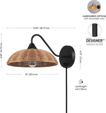 Globe Electric Plug-in or Hardwire Wall Sconce, Matte Black, Paper Twine Shade, 6-Foot Cord, Rotary Switch, 65000105