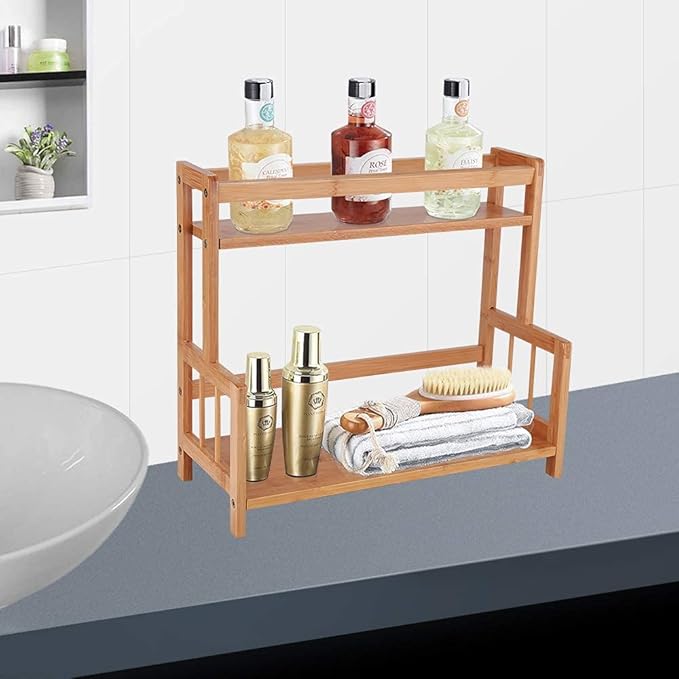 Ufine 2 Tier Bamboo Spice Rack Organizer Kitchen Countertop Storage Shelf Free Standing Holder Under Cabinet Bathroom for Various Bottles, Jars, Space Saving
