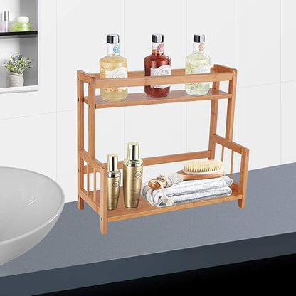 Ufine 2 Tier Bamboo Spice Rack Organizer Kitchen Countertop Storage Shelf Free Standing Holder Under Cabinet Bathroom for Various Bottles, Jars, Space Saving
