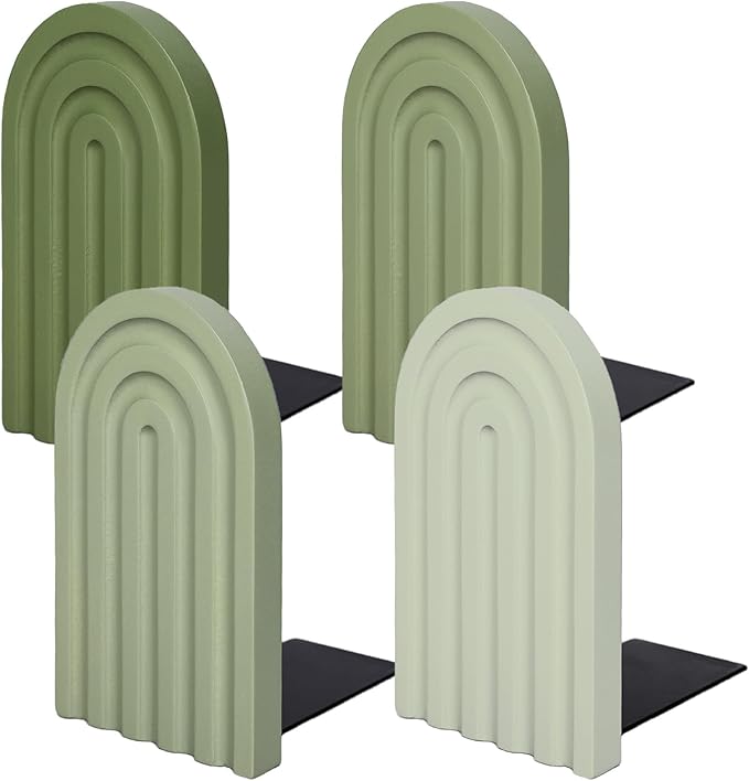 Whaline 4Pcs Boho Arch Wood Bookends Sage Green Rainbow Wooden Book Stands Decorative Non Skid Book Stoppers Study Cute Bookend for Back to School Heavy Books Home Office Library Kitchen (4 Colors)