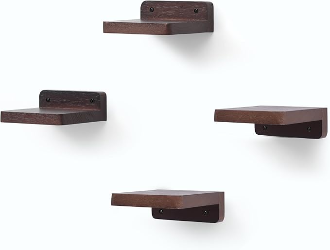 Small Floating Shelf, 4x4 Inch Display Ledges for Wall,Mini Shelves,Rustic Wood Shelf for Bedroom Living Room Bathroom Kitchen (4, Dark Walnut)