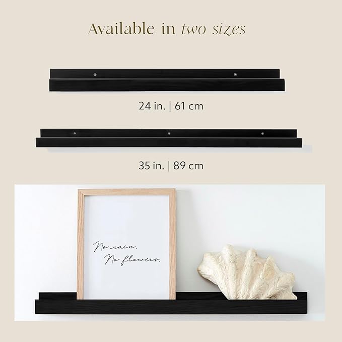 (24 in | 61 cm) Black Pine Wood Wall Mounted Floating Picture Ledge Shelf | Ideal for Bedroom, Kitchen, Bathroom, Office, Easy Installation, Mounting Hardware Included