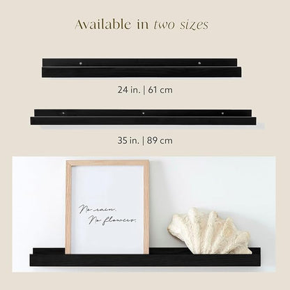 (24 in | 61 cm) Black Pine Wood Wall Mounted Floating Picture Ledge Shelf | Ideal for Bedroom, Kitchen, Bathroom, Office, Easy Installation, Mounting Hardware Included
