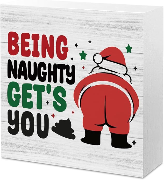 Funny Christmas Bathroom Decor Bathroom Desk Accessories Christmas Decorations Indoor Wooden Box for Toilet Shelves Santa Being Naughty Get's You Signs 5 X 5 Inch
