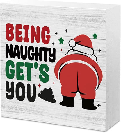 Funny Christmas Bathroom Decor Bathroom Desk Accessories Christmas Decorations Indoor Wooden Box for Toilet Shelves Santa Being Naughty Get's You Signs 5 X 5 Inch
