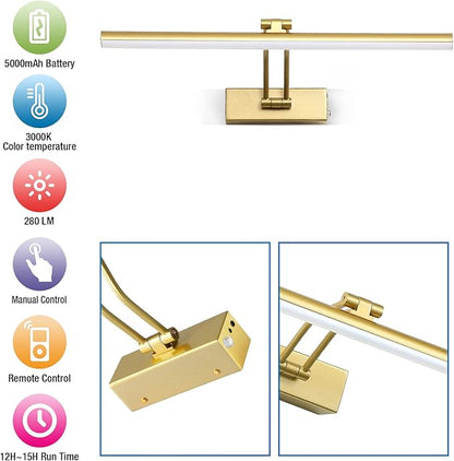Wireless Picture Light,5200mAh Battery Operated Picture Lights with Remote,Gold Picture Light, Full Metal Painting Light for Wall Display, Gallery,Portrait,Bedroom (Gold)