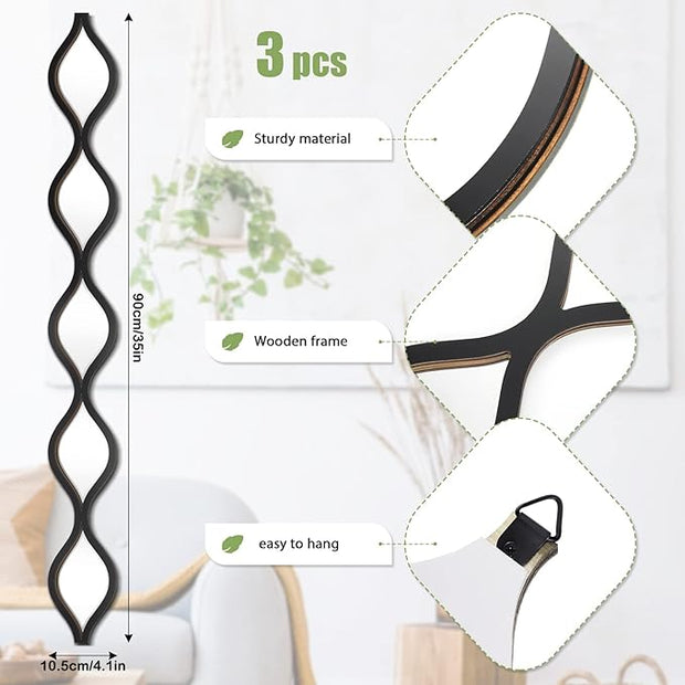 Yulejo 3 Pcs Acrylic Teardrop Mirror Decor Narrow Wall Decor Boho Vintage Wall Art for Apartment Home Living Room Bathroom Bedroom Hallway (Black Edge)
