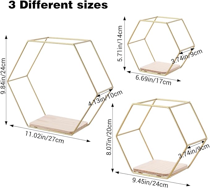 Wall Mounted Hexagon Floating Shelves, Metal Framed Gold Shelf with Wooden Floor Storage Shelves, Modern Wall Decor for Living Room, Bedroom, Kitchen, Office, Set of 3 Size ﻿