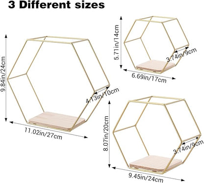 Wall Mounted Hexagon Floating Shelves, Metal Framed Gold Shelf with Wooden Floor Storage Shelves, Modern Wall Decor for Living Room, Bedroom, Kitchen, Office, Set of 3 Size ﻿