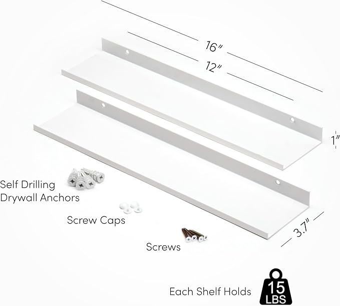 Metal Picture Ledge, Wall Mounted Floating Shelf - 16" White (Set of 2)