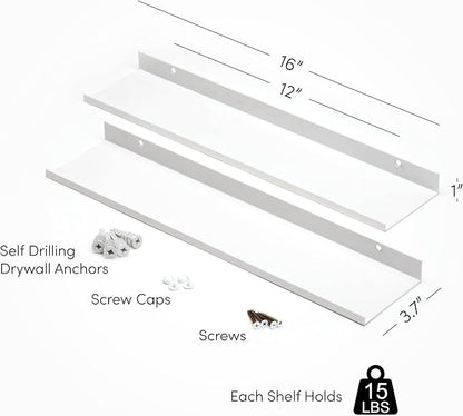 Metal Picture Ledge, Wall Mounted Floating Shelf - 16" White (Set of 2)