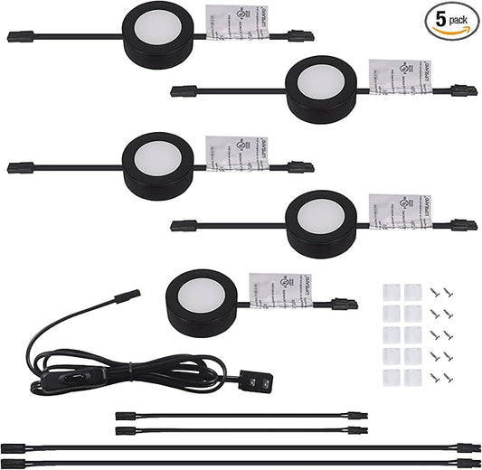 LUMILAND Wired LED Puck Lights (2.7Wx5) Plug-in Lighting Natural White (4000K), LED Cabinet Light for Kitchen Can Be Surface Mount or Recess Mount, Black