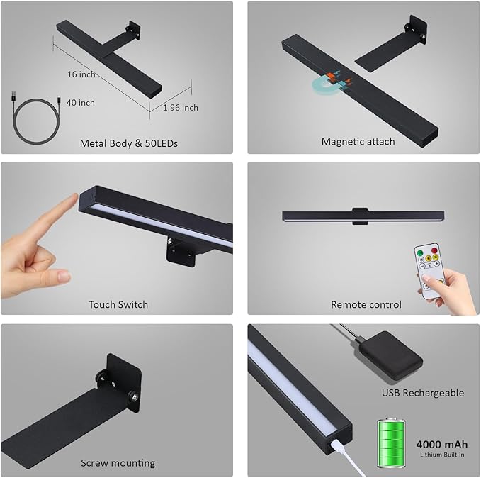 Wireless LED Picture Light 16in with Remote,Dimmable and Timer Picture Lights for Paintings,Metal Rechargeable Art Light Display Lamp,3 Modes,Dartboard Light for Frame Picture Gallery Portrait