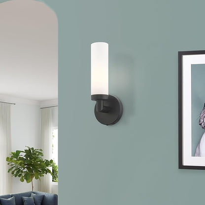 Livex Lighting 10103-04 Aero Collection ADA 1-Light Wall Sconce Light with Satin Opal White Glass Cylinder Shade, Black, 4.25 x 11