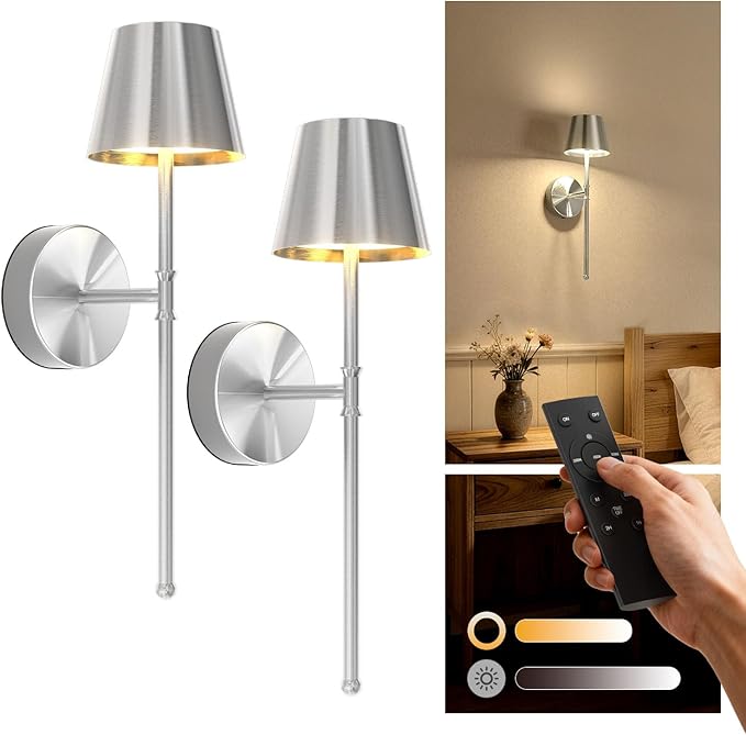 UME Wireless Sconces Set of 2 with Remote, 5200mAh Battery Powered Sconces - Small Rechargeable Sconces w/ 3 Color Temps & 5 Brightness Levels for Bedroom, Living Room, Wall Painting, Cafe (Silver)