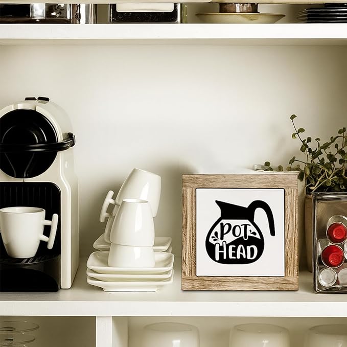 Coffee Bar Wooden Sign, Pot Head Decoration, Farmhouse Cafe Wood Sign, Square Wood Block Signs Table Decor for Coffee Bar Corner Shop Kitchen Dining Room, Funny Cafe Decor