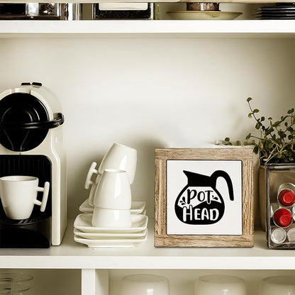 Coffee Bar Wooden Sign, Pot Head Decoration, Farmhouse Cafe Wood Sign, Square Wood Block Signs Table Decor for Coffee Bar Corner Shop Kitchen Dining Room, Funny Cafe Decor