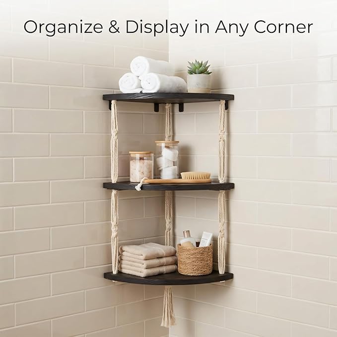 3-Tier Corner Floating Shelves with Aesthetic Greenery & Fairy Lights - Premium Wood-Textured Boho Wall Hanging Shelf - Stable L-Bracket Support for Home Decor, Office & Small Spaces