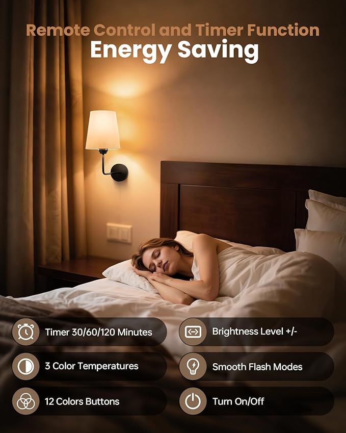 Wireless Wall Sconces Set of 2 Battery Operated, Black Wall Light Rechargeable with 5200mAh RGB Dimmable Flash Mode Led Bulb and Remote Timer, Cordless Wall Lamp Decor for Bedroom Living Room Hallway