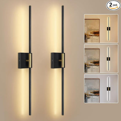 Battery Operated Wall Sconces Set of Two - Wireless Rechargeable Wall Light with Remote - Black Gold LED Wall Lamp Dimmable Modern Home Decor for Bedroom Living Room 31.5 Inch (2 Pack)