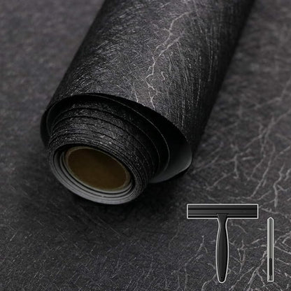 Black Silk Wallpaper Peel and Stick Embossed Self Adhesive Contact Paper 15.7" x 393.7" Removable Waterproof Kitchen Vinyl Wrap Cabinet Textured Renter Friendly Wall Cover with Scraper, Paper Cutter