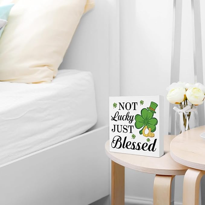 St Patricks Day Decor - St. Patrick's Day Decorations - No Lucky Just Blessed Wooden Sign Home Bathroom Toilet Desk Table Shelf Decor - 5 x 5 Inches