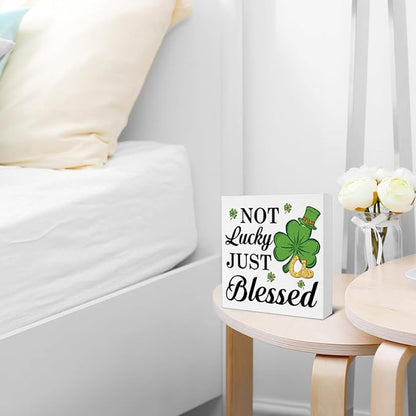 St Patricks Day Decor - St. Patrick's Day Decorations - No Lucky Just Blessed Wooden Sign Home Bathroom Toilet Desk Table Shelf Decor - 5 x 5 Inches