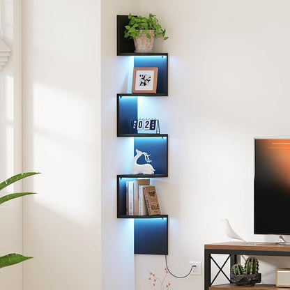 Corner Shelf Wall Mount with LED Light, 5 Tier Floating Corner Bookshelf, Plant Shelf for Bedroom, Floating Shelves for Wall, Display Stand for Living Room, Bathroom, Home Office, Black