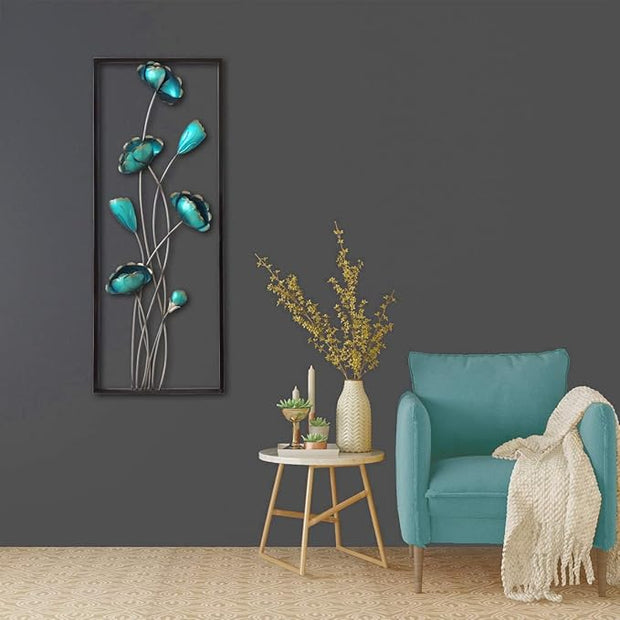 All American Collection New Modern Chic Aluminum/Metal Wall Decor Frame 12"x30" (Turquoise Closed Flowers)