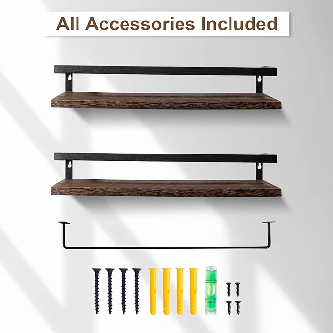 AGM Floating Shelves, 16.5 Bathroom Floating Shelf Set of 2, Carbonized Black Wall Storage Shelf with Towel Bar, Wall Mounted Shelves for Plants, Book, Bedroom, Kitchen, Living Room Decoration